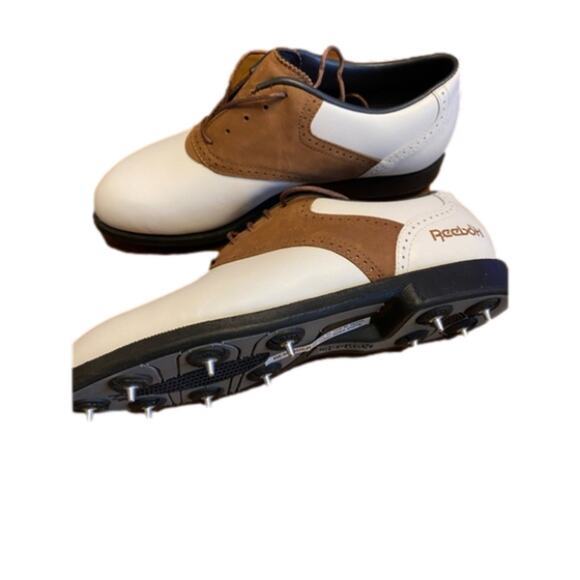 REEBOK NWOT Women's 8 Spiked Brown White Leather Golf Shoe Athletic Active - Picture 1 of 9